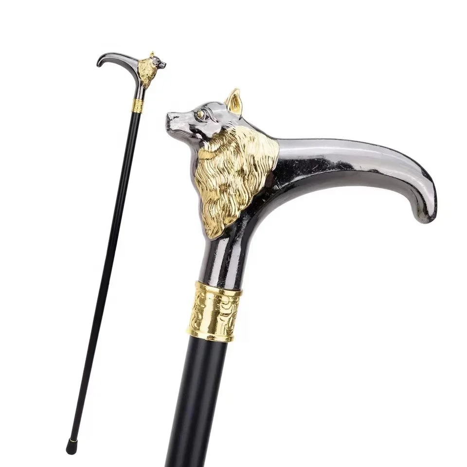 Black gold wolf T handle Halloween Crosier cane self defense stick walking cane with Iron sheet inside