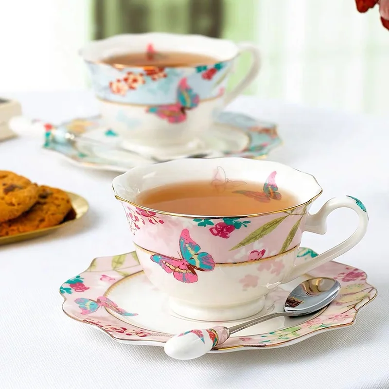 Elegant European luxury ceramic butterfly flower tea cup porcelain English afternoon tea & coffee cup and saucer set
