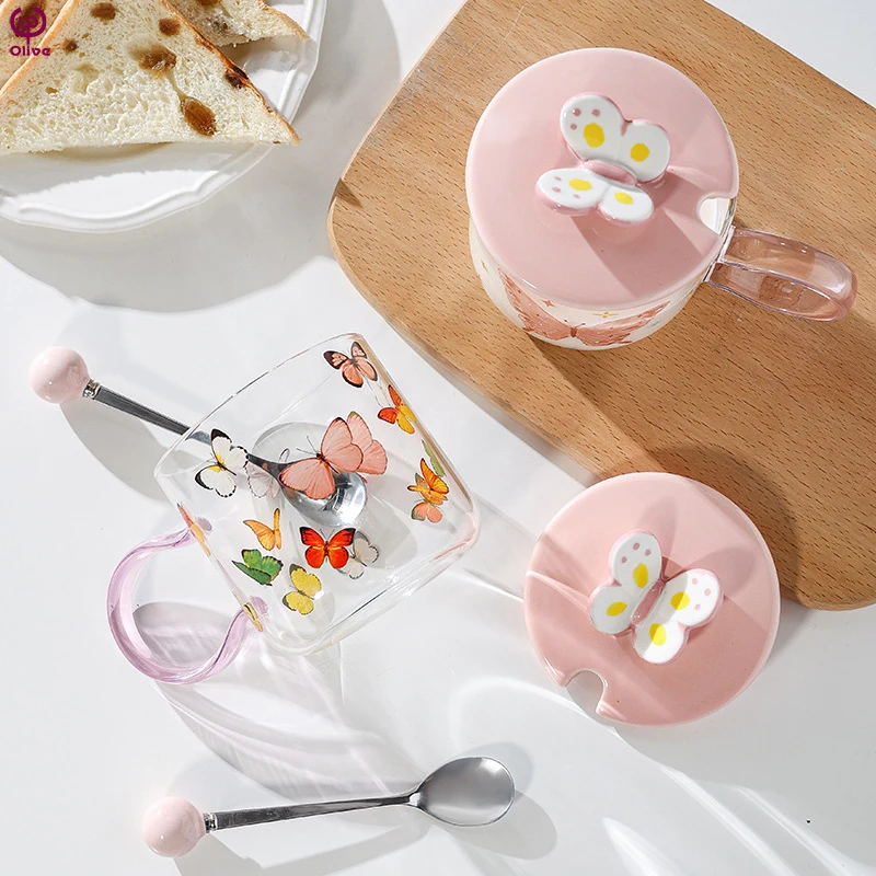 Butterfly-Design High-Color Pink Glass Breakfast Cup Set with Lid Spoon for Girls with Heart-Feeling Heat-Resistant Water Cup