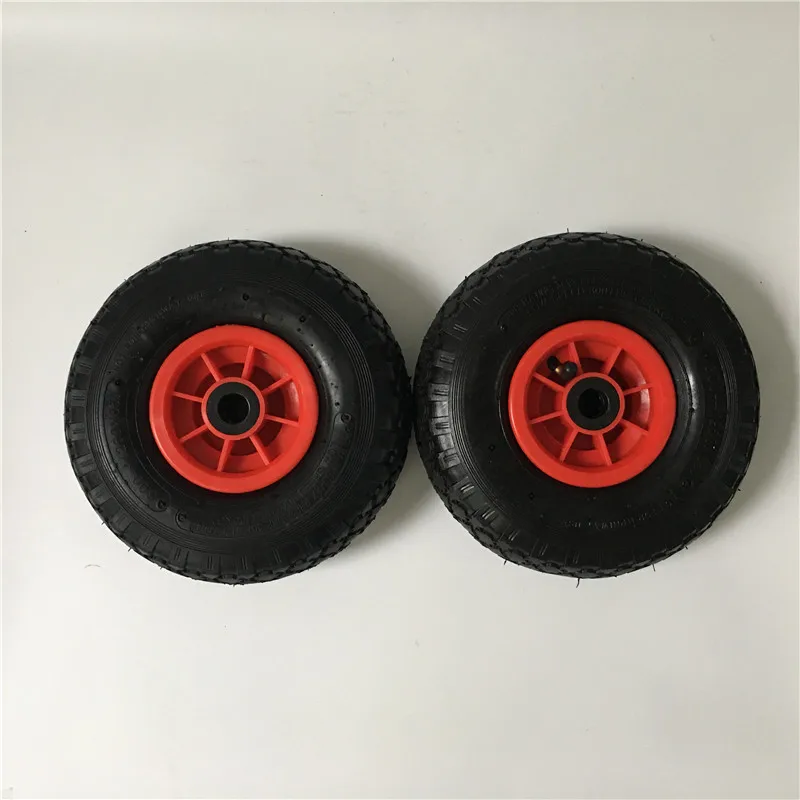 Europe Market Hot Sale 10 300 4 pneumatic rubber wheel with red plastic rim center hub hub length 75mm roller bearing 20mm