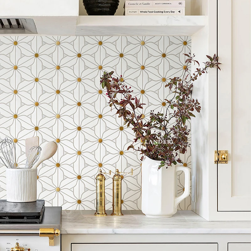 Мраморная мозаика Waterjet с цветами, латунная инкрустация, мозаичная плитка для кухни и ванной, настенная плитка