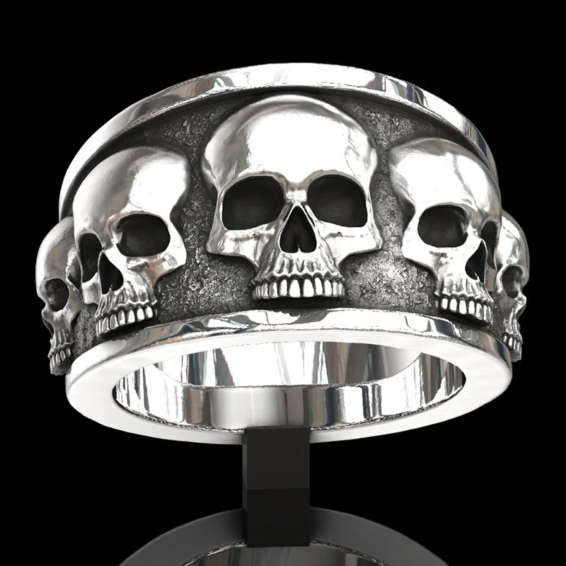 2024 High Quality Personality Punk Hip Hop Ring Retro Exaggerated Silver Skull Rings For Men