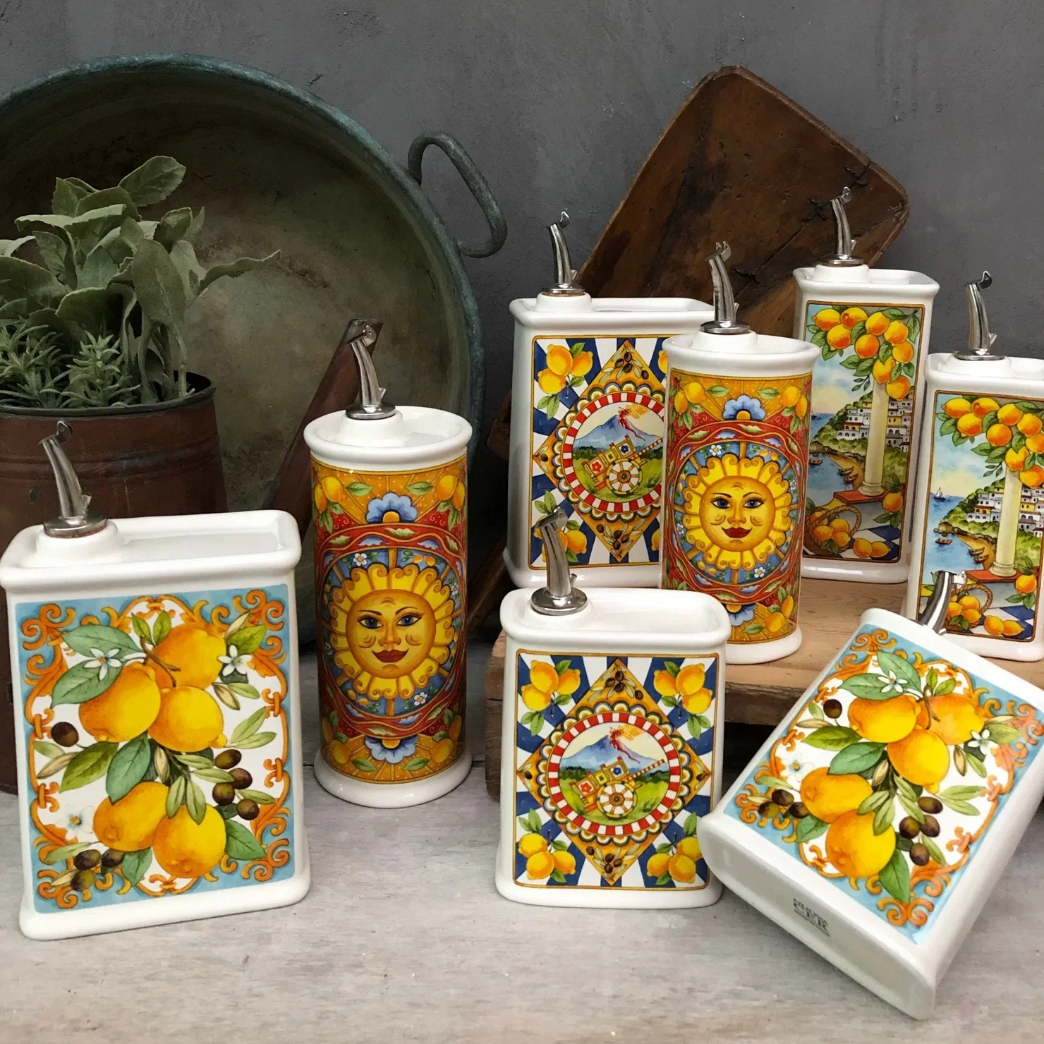 classic ceramic olive oil tin can with custom pattern designs square olive oil cruet with stopper 500 ml&250 ml capacity