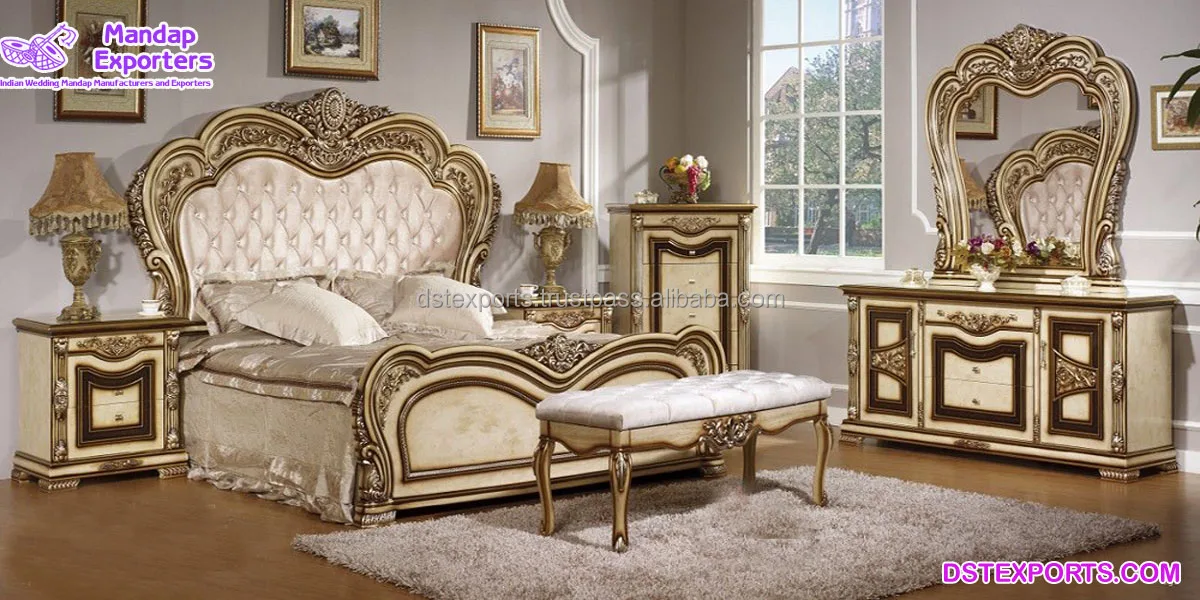 Дизайнерская Резная Кровать ручной работы с тумбочками королевская большого размера Глянцевая Золотая мебель для