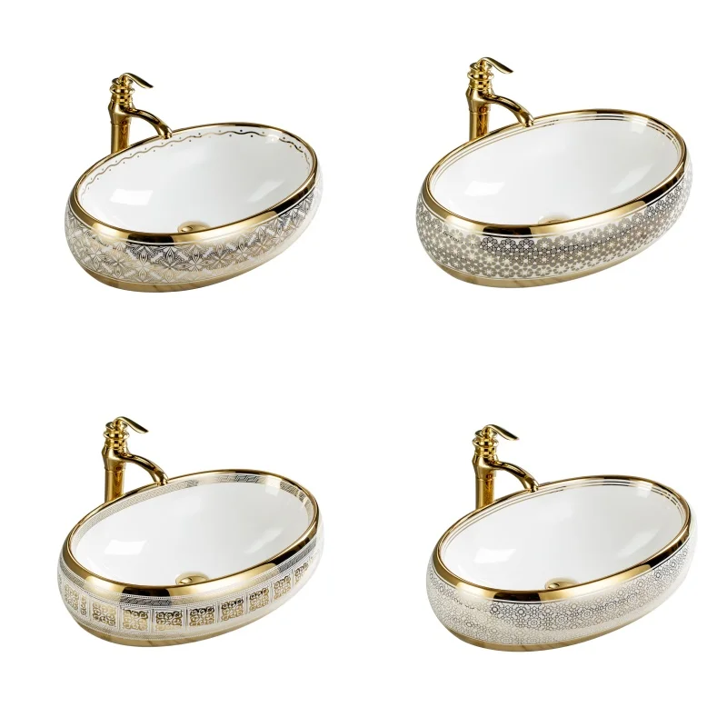 Luxury lavabo golden sink ceramic oval sink art basin gold electroplated washbasin for bathroom