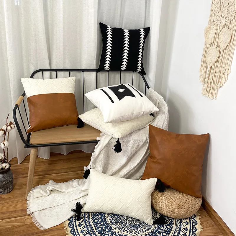 Patchwork Nordic Casual Crocheted Style Cotton Living Room Sofa Decorative Pillowcase Cushion Cover With Tassels