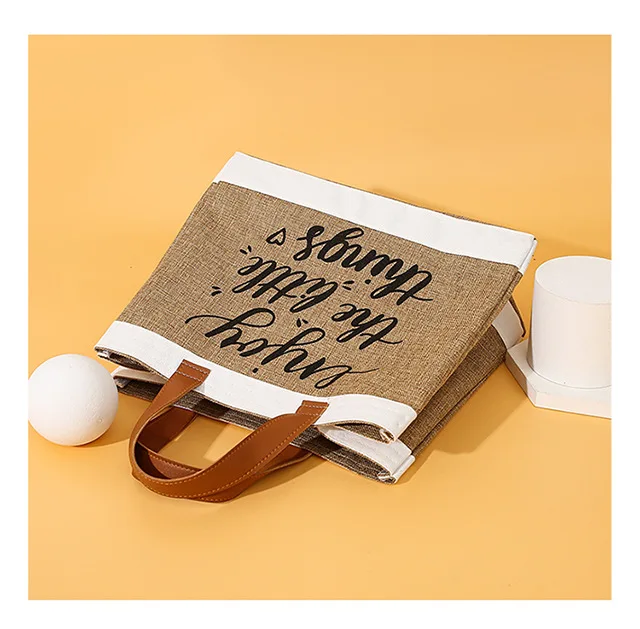 Wholesale Letter Design Hemp Jute Shopping Bag Large Capacity Jute Grocery Handbags Casual Jute Bag Leather Handles