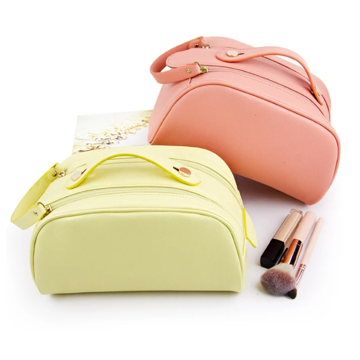 Custom New pu double zipper fashion pillow lady makeup bag waterproof travel pink beauty wash cosmetics bag