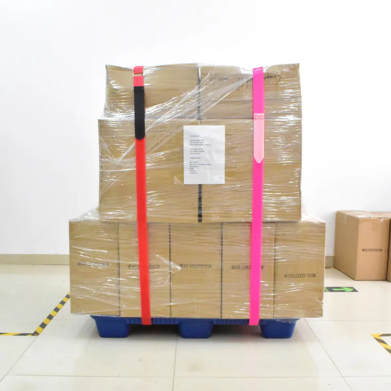 Custom adjustable reusable hook and loop pallet strap with metal buckle