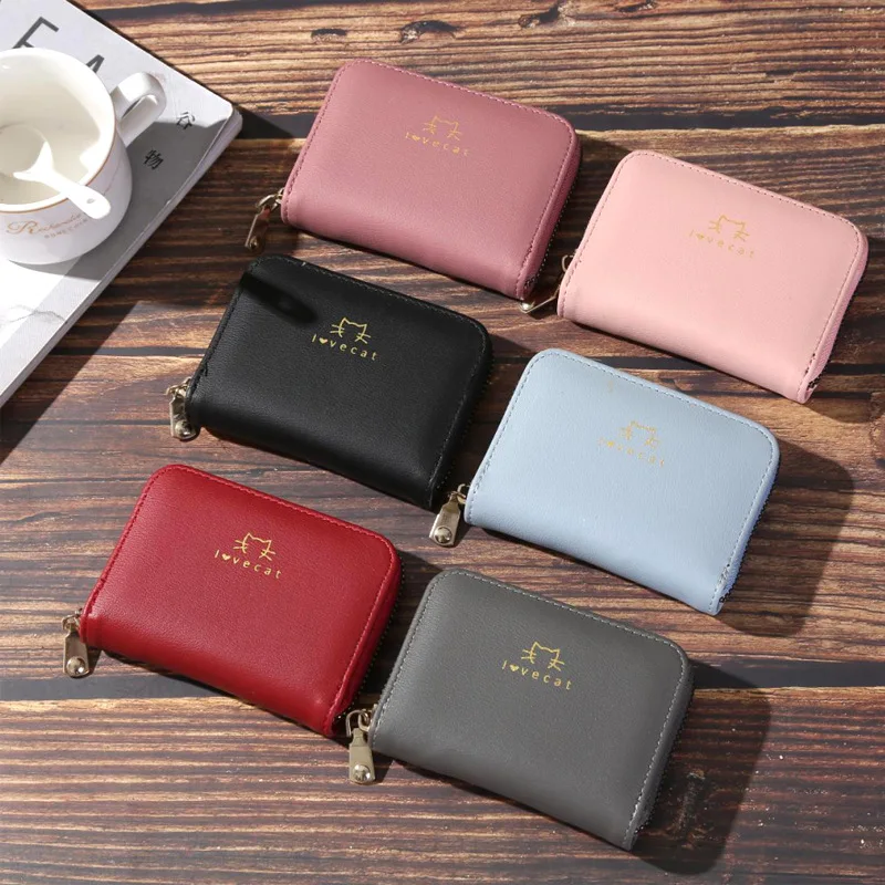 Multi-slots Card Holder Coin rock short zipper organ Small Minimalist RFID Blocking leather wallet women