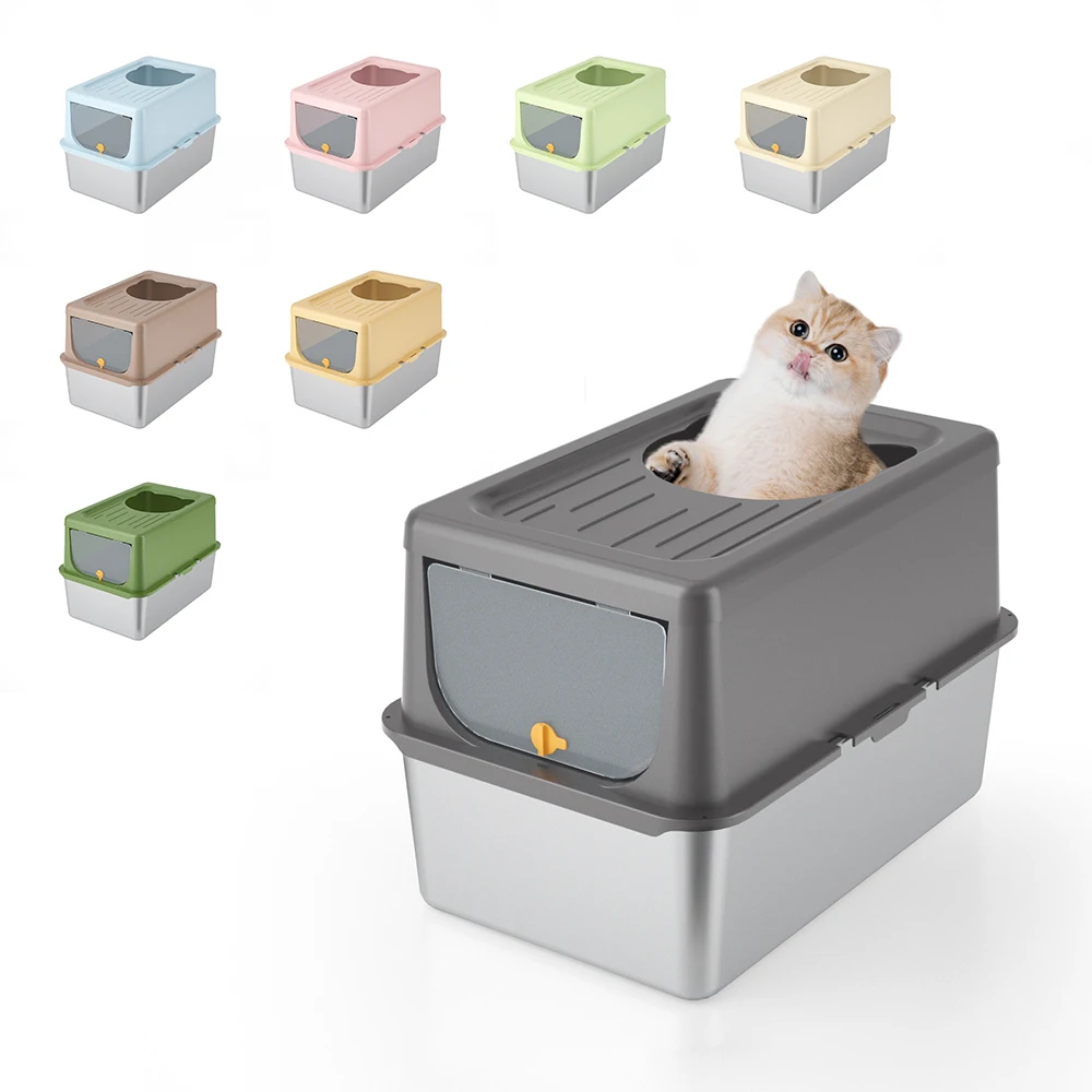 Extra Large Stainless Steel Enclosed Cat Litter Box with Top Lid High Side Litter Box with Cat Scoop Easy Clean Anti-Leakage