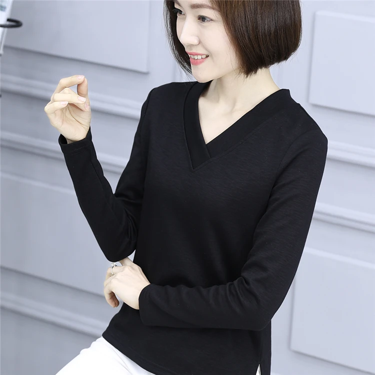 
Modern Design Fashion Casual Long T-Shirts With Printing Long Sleeve T Shirt Cotton V-Neck Women T Shirt 