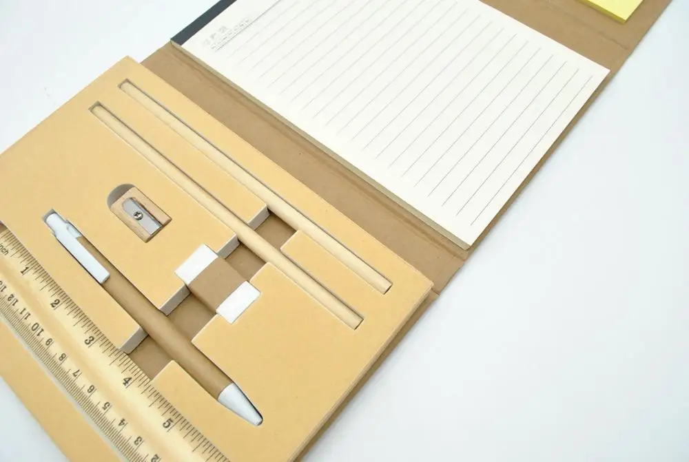 Customized Eco friendly kraft hardcover notebook notepad with sticky notes/pencil/ruler/eraser/sharpener for promotional