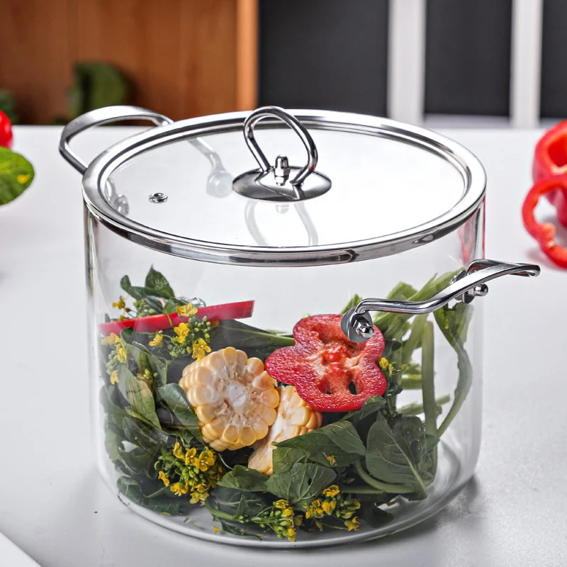 Hot selling big size clear double-ear cooking pot glass cookware set with stainless steel lid