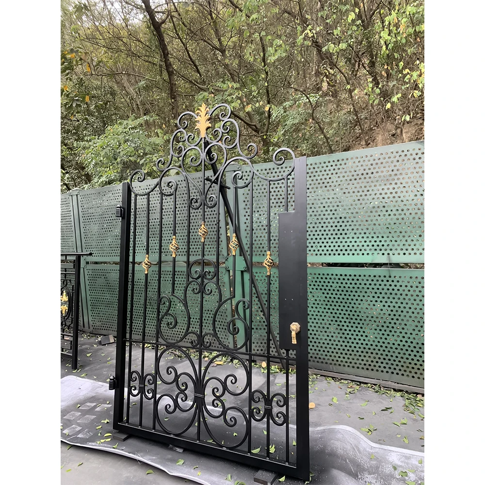 House Garden Fence and Walkway Automatic Gate Wrought Iron Single Door Black and Brass Color Swing Graphic Design Villa Door