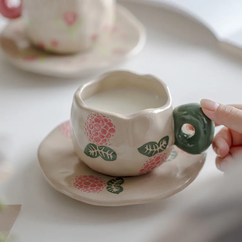 Hot Selling 300ml Handmade Ceramic Cup Saucer Set Irregular Hand-pinched Flower Pottery Mugs with Plates for Breakfast Tea