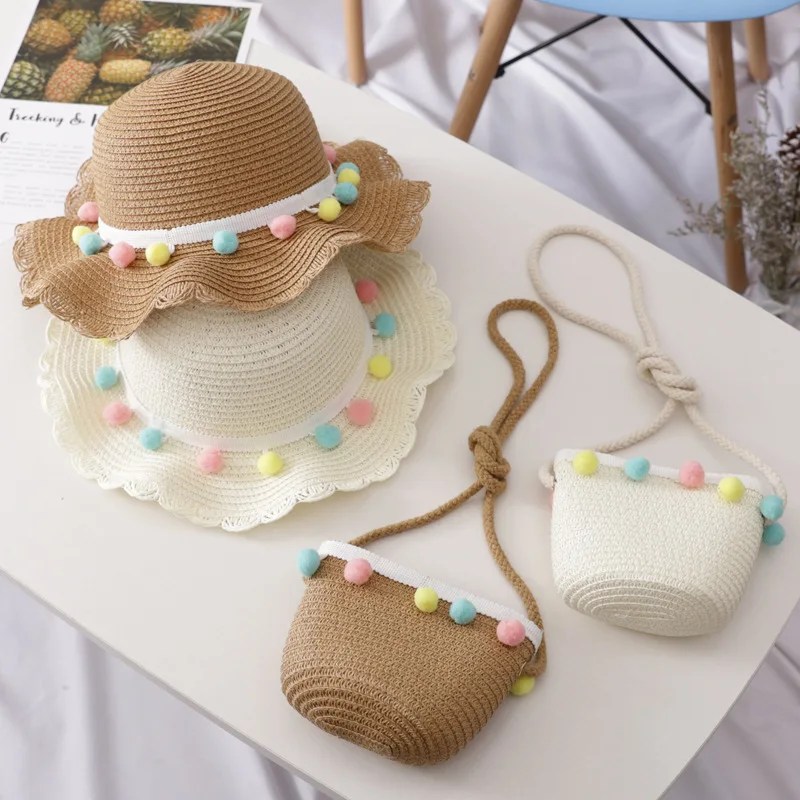 Wholesale Children Summer Beach hat and shoulder bags 2pcs set cute Colorful Ball Linen sun Straw hats for kids girl baby