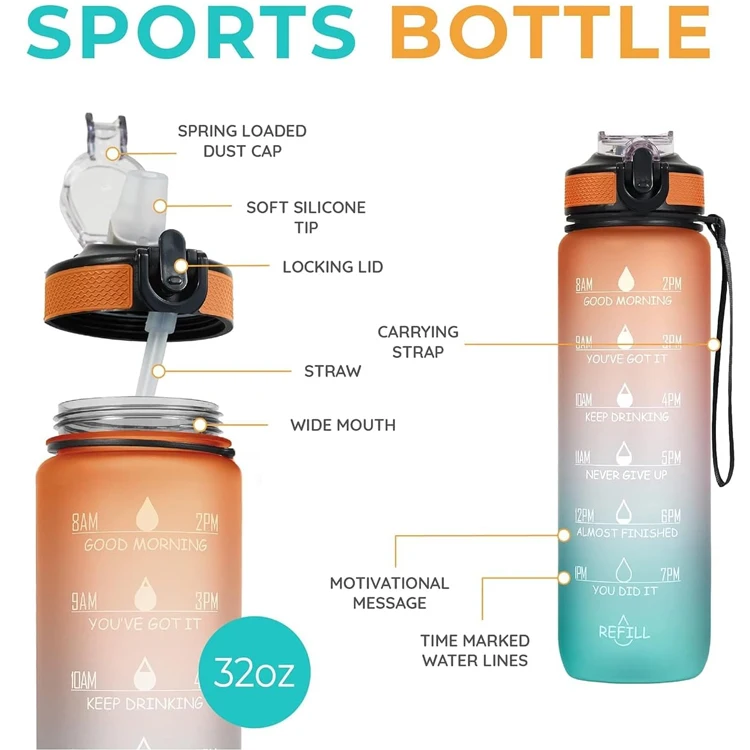 Wholesale Portable Food Grade Outdoor Sports Water Jug 32OZ 1000 ML Reusable Motivational Plastic Water Bottle With Time Marker