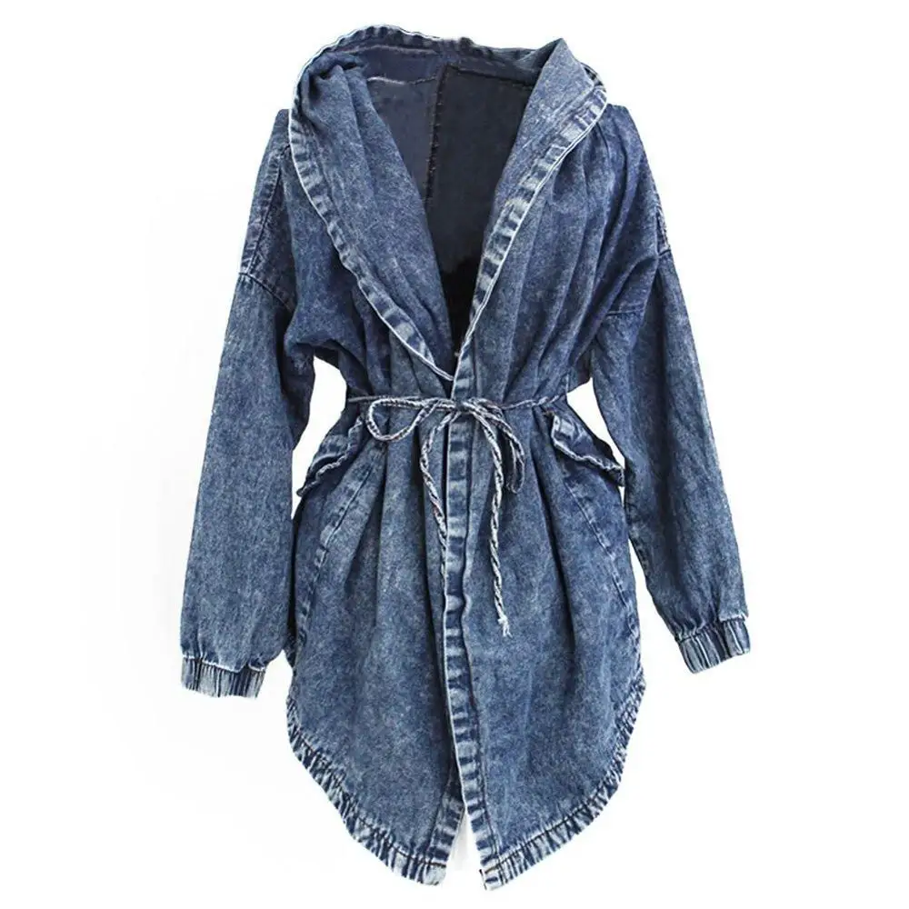 CUHAKCI Newest Style Lady Autumn Winter Loose Hooded Jean Jacket Long Sleeve Mid Length Windbreaker Coat Woman Denim Jacket