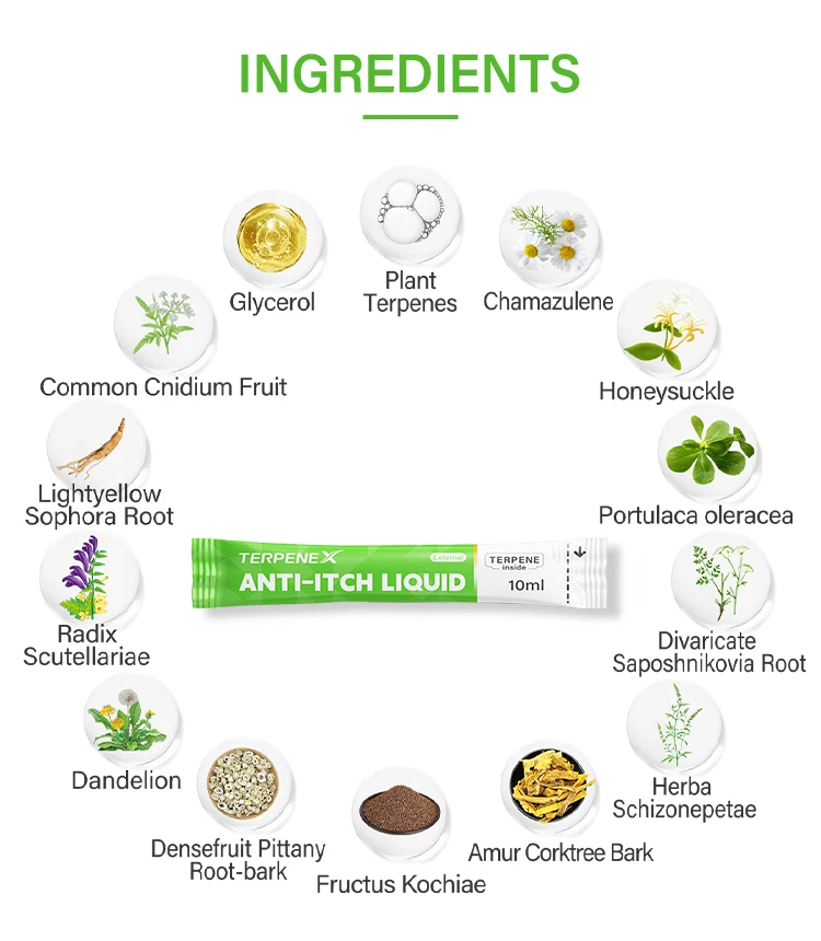 Hot Sales Relieve itching Liquid Herbal Terpenes Anti-Itch Relief Liquid Portable 10ml Stop itching Solution