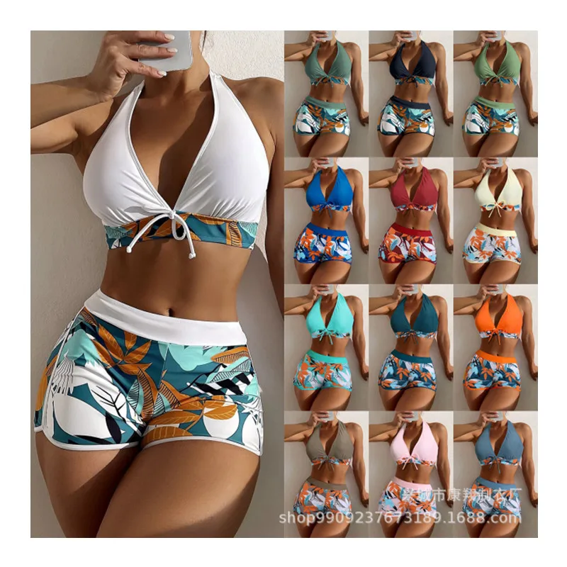 Wholesale Bikini 2 Piece Set Sports Bra Boxer Shorts Floral  Printed Beachwear Women Sexy Swimwear Sets