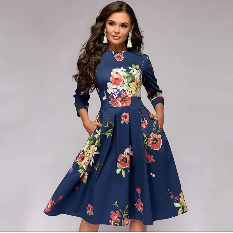 Wholesale Clothes Women Casual Party Midi Slim Dresses Vintage Floral Printed Elegant Casual Life 1 Piece Pleated Accept OEM