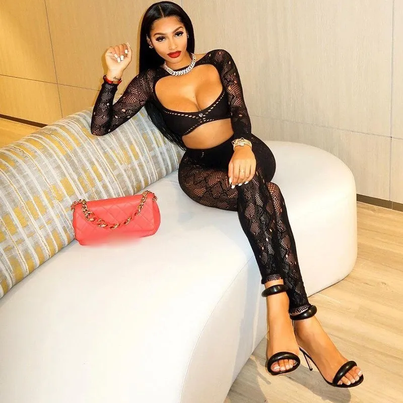 Autumn Solid Round Neck Lace Hollow Fit Sexy Long Sleeve One Piece Knit jumpsuit