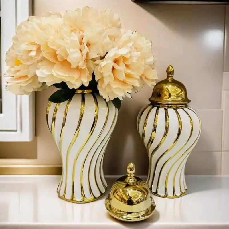 Nordic Luxury Big Flower Vase Home Decor Vertical Striped Gold Electroplated Porcelain Tall Ginger Jar Ornament for Lobby