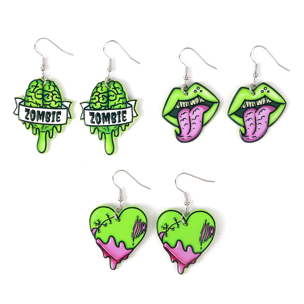 Wholesale new Halloween Zombie dripping blood Heart Lip Tongue Brain fluorescent green hiphop Drop Earrings acrylic for women