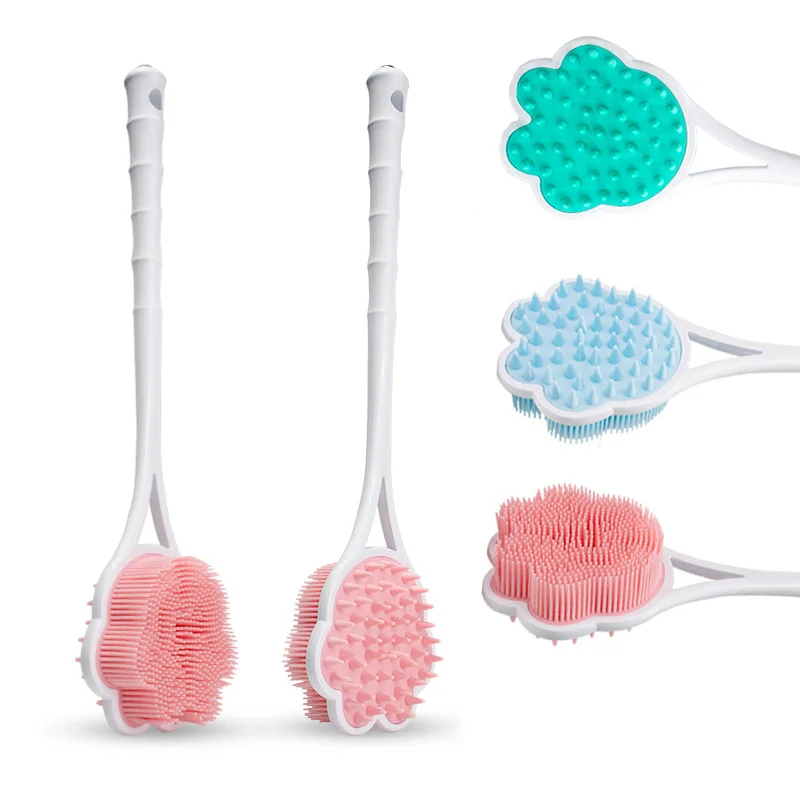 New bamboo handle bath brush rub back artifacts Double side scrub brush with rope food grade silicone long handle bath brush