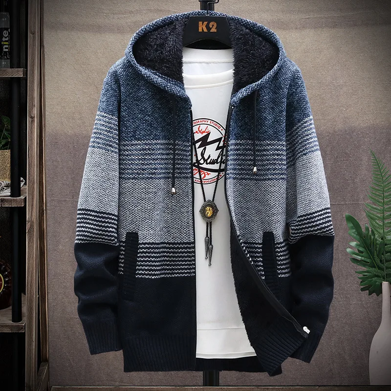 Sweater Coat Fashion Patchwork Cardigan Men Knitted Sweater Jacket Slim Fit Stand Collar Thick Warm Men Cardigan Coats