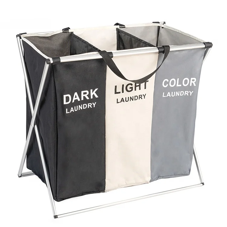 Black Gray Dirty Clothes Washing Storage Laundry Hamper 3 Compartments For Dorm Room
