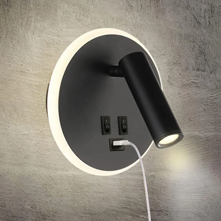 indoor surface mounted bed side led wall lamp with USB charging port for hotel bedroom