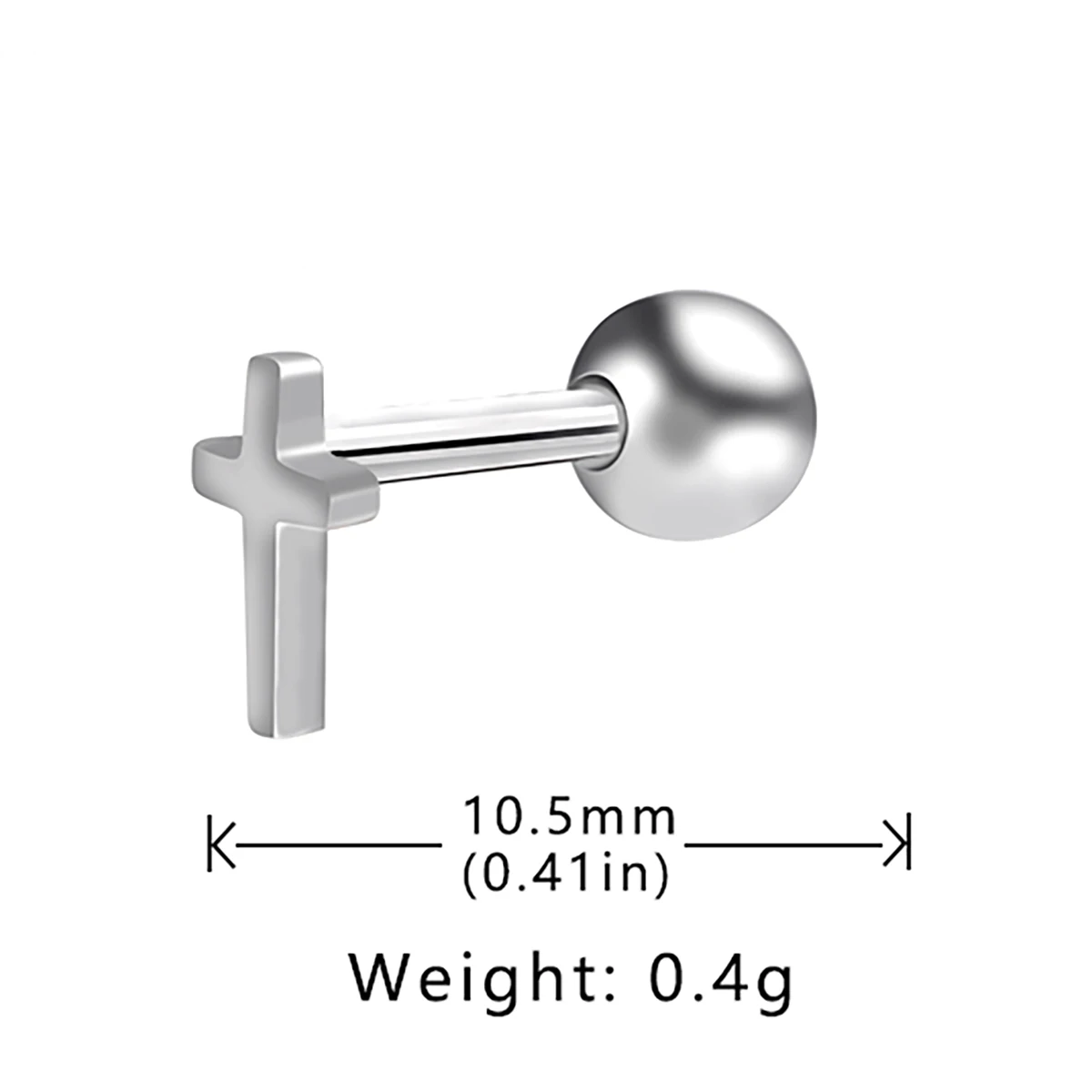 Simple steel color single piece cross screw back stud Smooth cross piercing threaded stud earrings