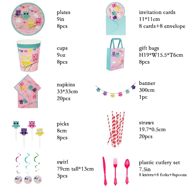 For 8 Guests-Party Supplies Owl Theme Tableware Sets Disposable Paper Plates Cups Napkins Kids Girls Birthday Wholesale