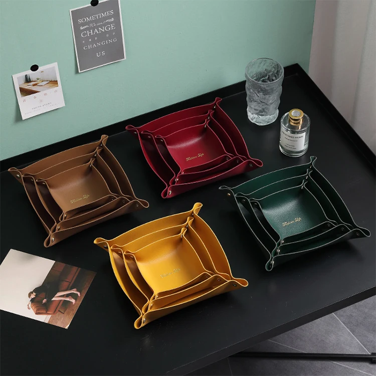 Wholesale Luxury Desktop Dice Tray Pu Leather Organizer Rectangle Tray Gift Faux Leather Foldable Square Jewelry Storage Trays
