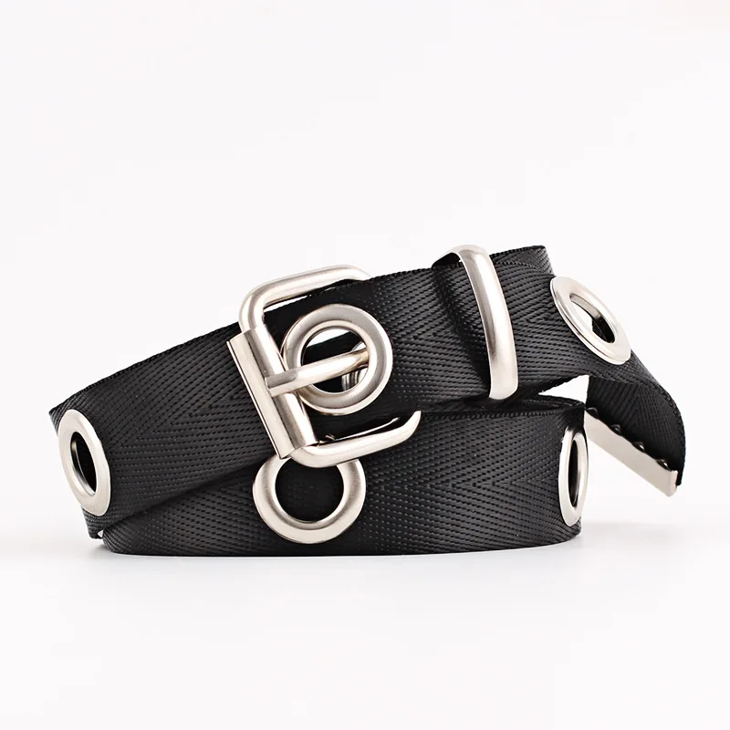 Punk Double Grommet Eyelet Hole Belt For Women Men Black Red Canvas Female Male Waist Strap Belts