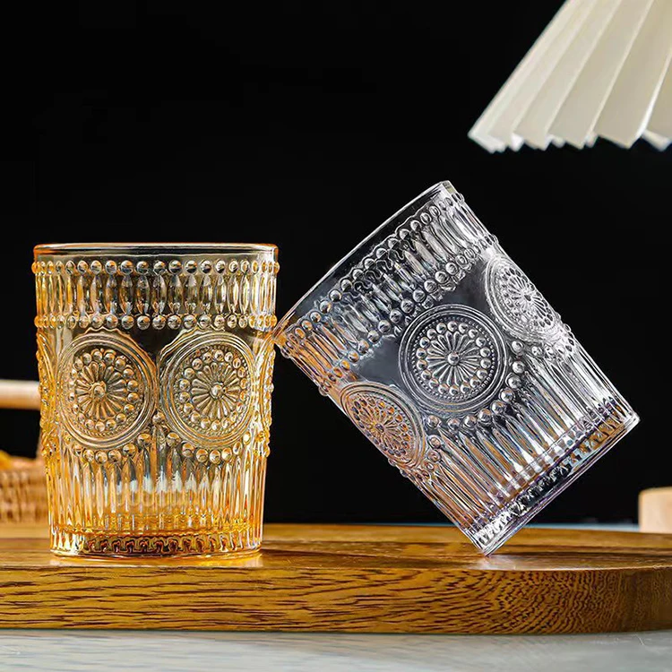300ML Vintage Romantic Glassware Cocktail Colorful Embossed Sunflower Drinking Glasses For Bar Home
