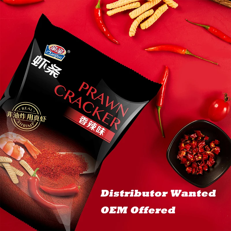 QINQIN OEM Prawn Cracker Spicy Flavor 80g Non-Fried Leisure Food Snacks Crispy Puffed Seafood Snacks Food