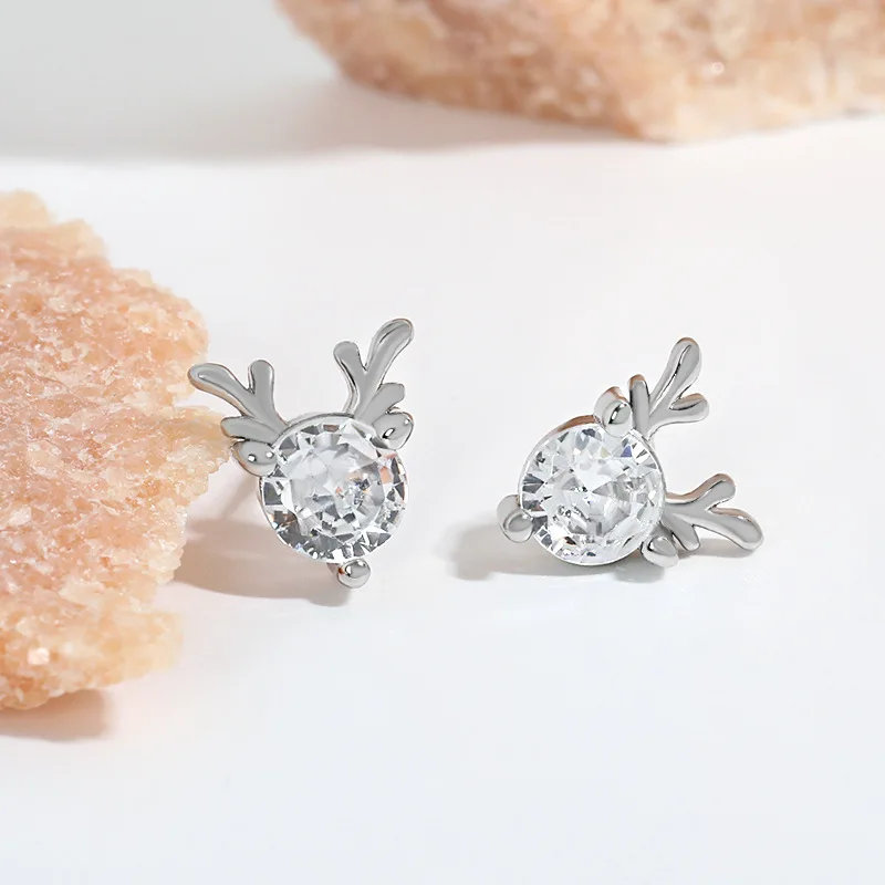 2024 Best selling brass 925silver needle rose gold/silver antler zircon simple elk earrings