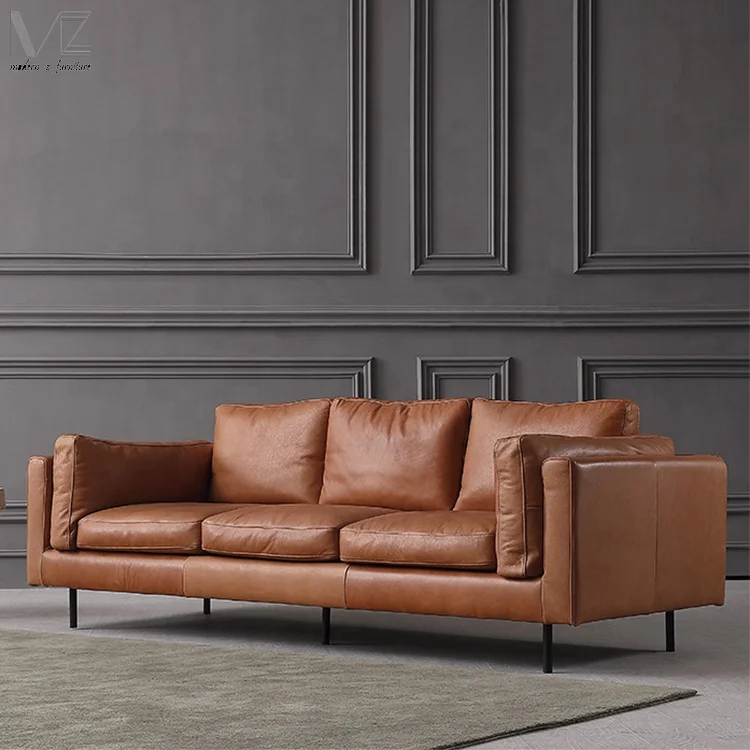 Retro Italian Design Vintage European Modern Living Room Furniture Brown Genuine Corner Tan Leather Sectional Sofas Couches