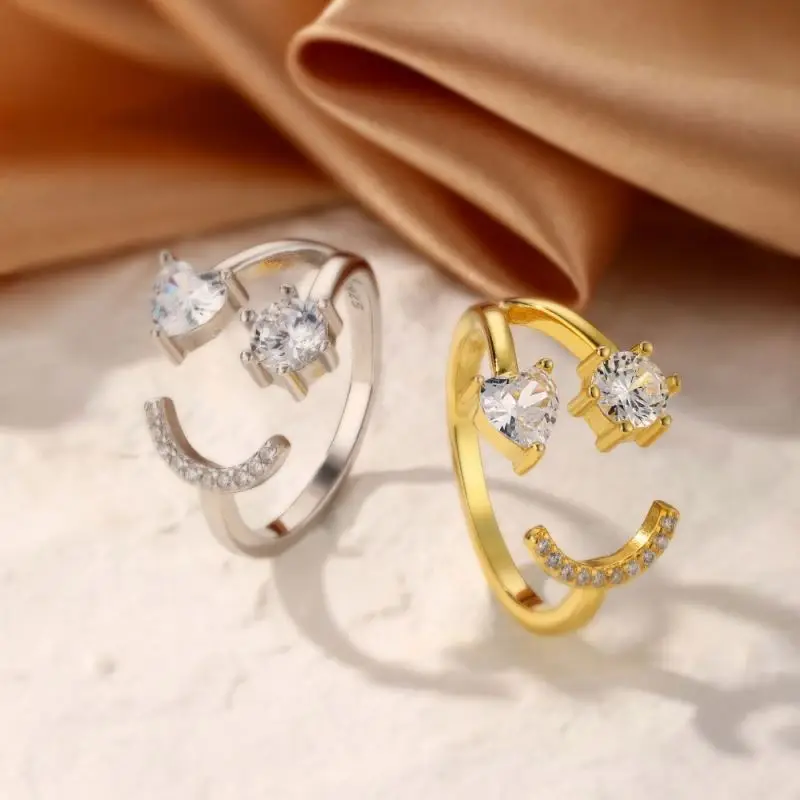 Dylam 2022 Instagram Hot Selling Stacking 925 Sterling Silver Jewelry Open Heart Star Simile Face 5A Zircon Adjustable Rings