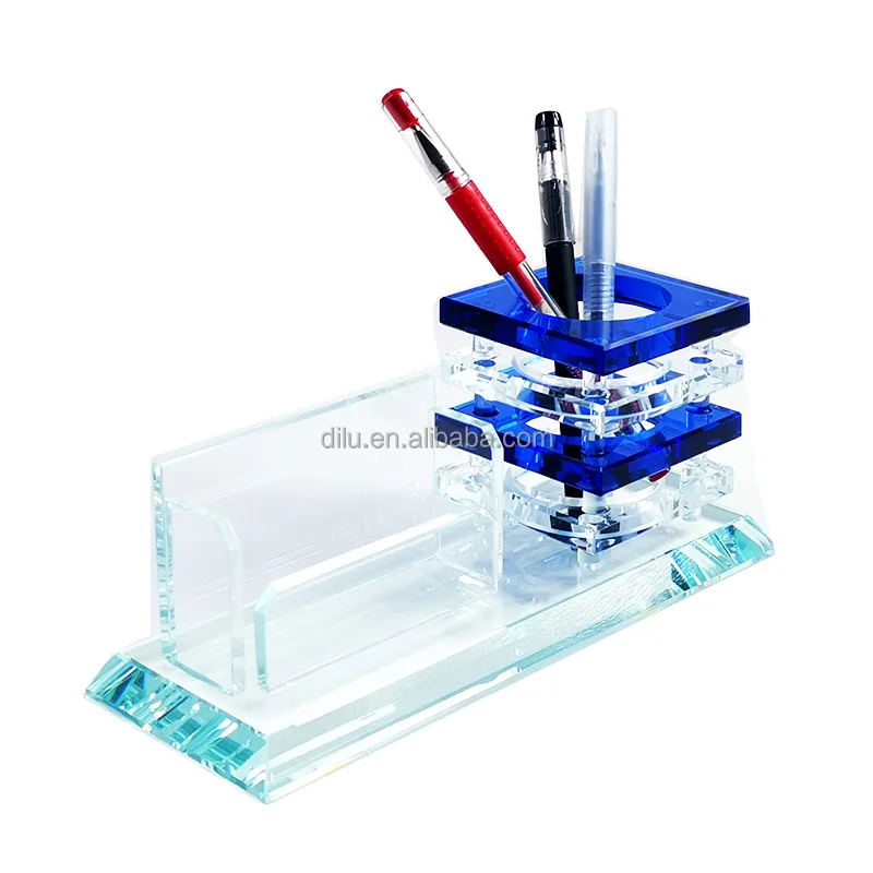 DILU Customized Logo Crystal Pen Holders Box Glass Business Card Tabletop Organizer Desktop Office Desk Stationery Pen Holder