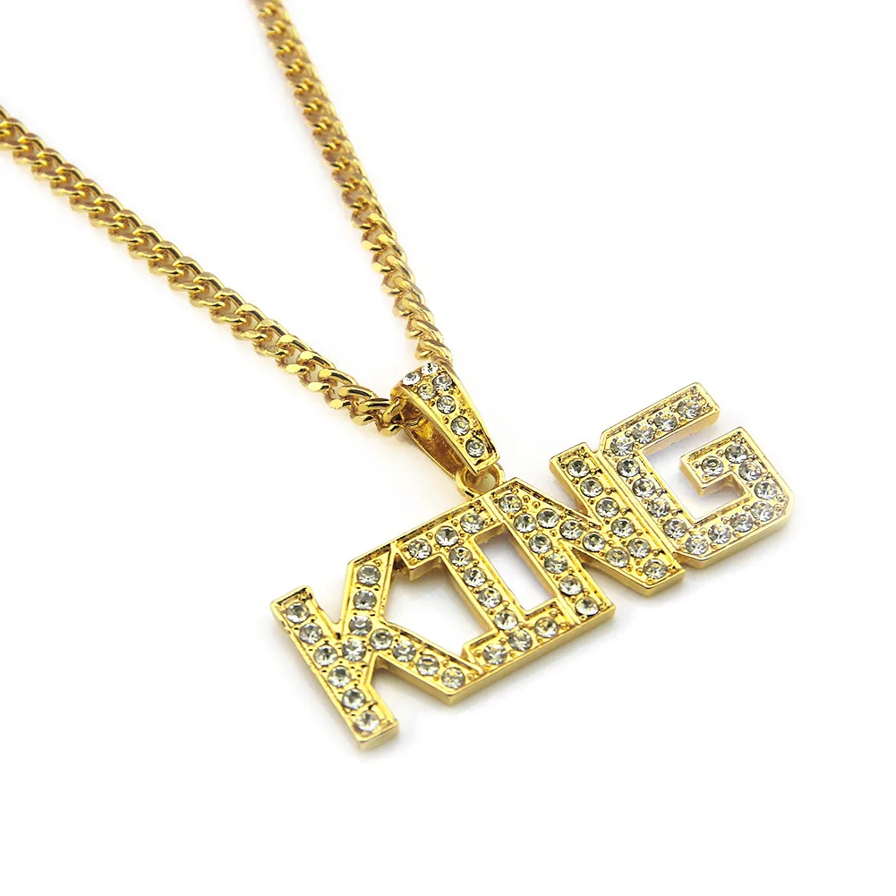 Hip Hop Full Rhinestone King Shape Pendants Necklaces Bling Bling Iced Out Cuban Link Chain Hiphop Necklace Men Jewelry