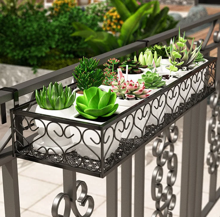 Iron Hanging Flower Rack Basket Shelf with Hooks, Flower Pot Stand Rack Patio Railing Shelf for Balcony Decor,  Garden Balcony