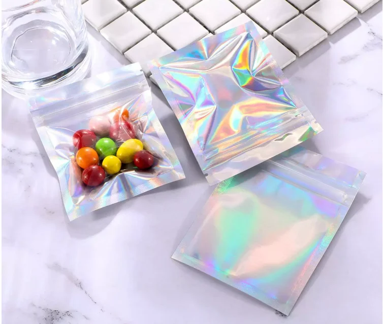Wholesale Resealable Holographic Foil Pouch Bag,Glossy Holographic Three Side Seal Pouch Laser Film Packaging Bag with Window
