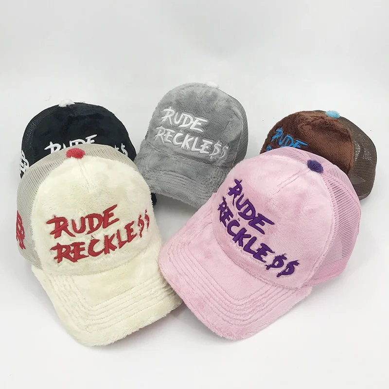 Factory New Design Fur Fuzzy Velvet Trucker Cap Custom 3D Embroidery Logo A Frame Style Winter Velvet Sport Hats