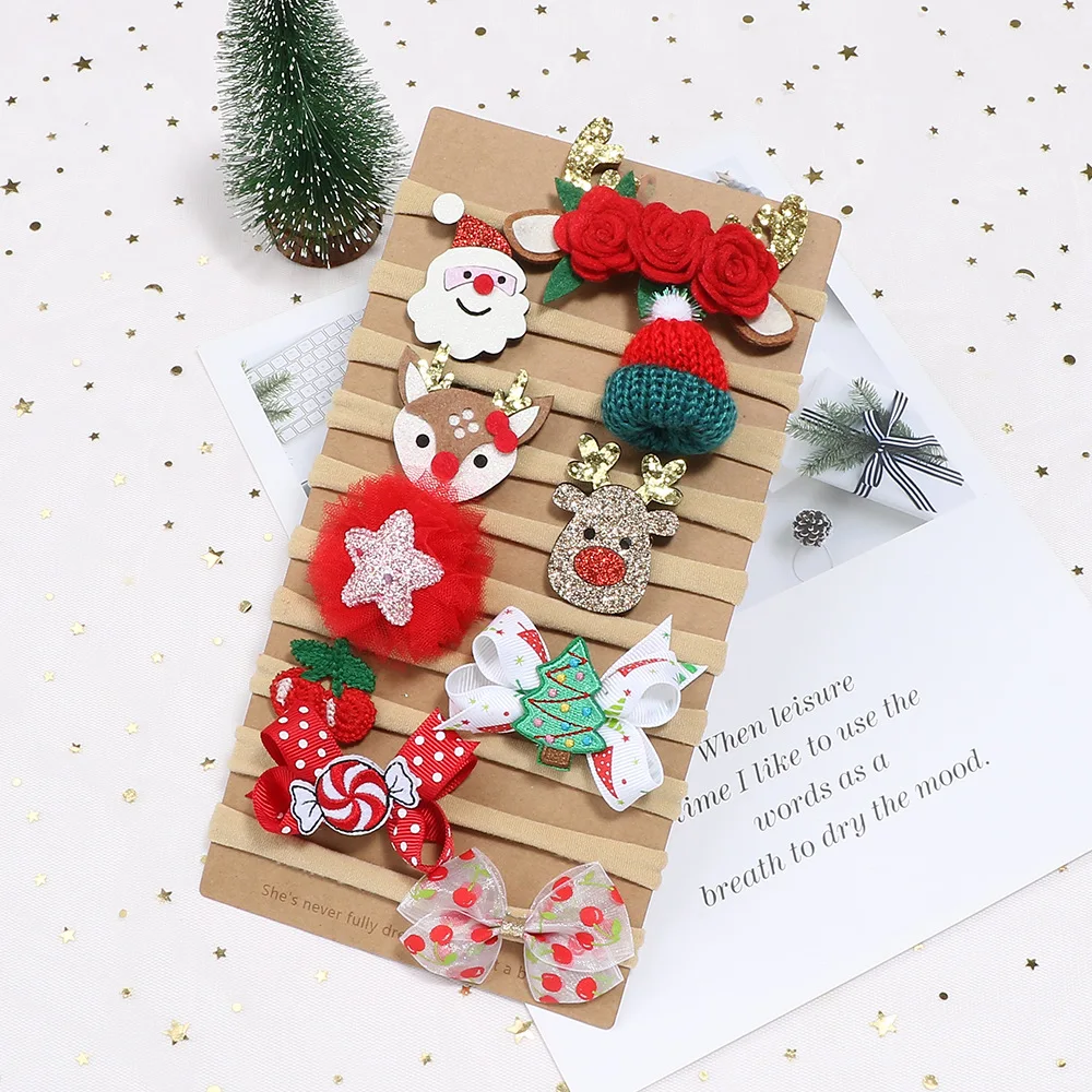 10 PCS/SET Christmas Gift for Children Hair Band Accessories for Kids Ribbon Hair Bow Ties Elastic Hairband Girls Headband