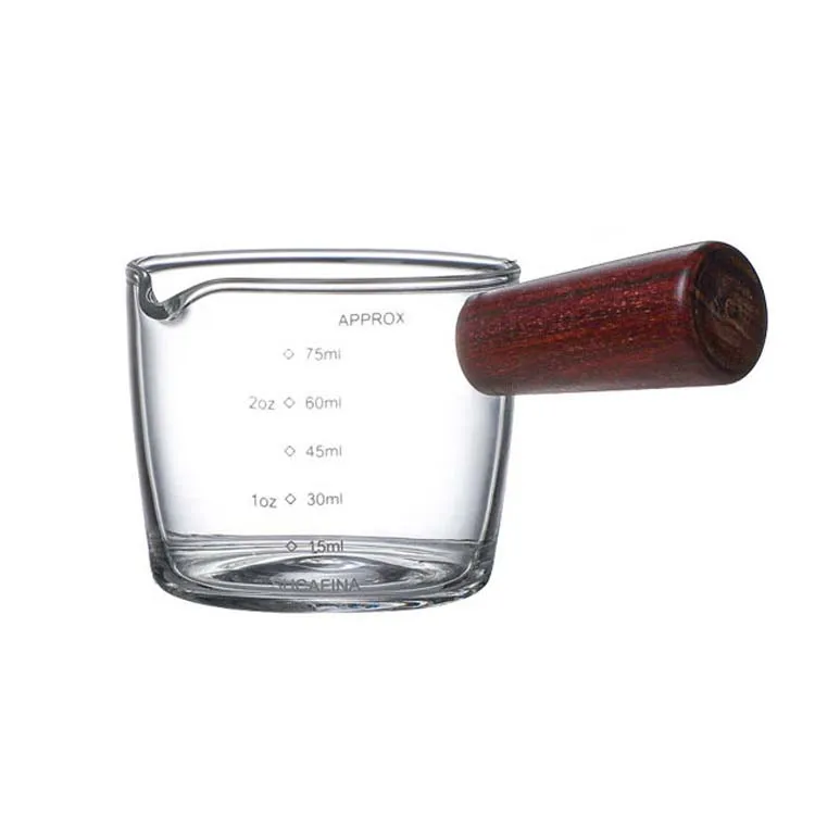 One Spouts Measuring Triple Pitcher Milk Cup with Wood Handle 40ML 75ML 150ml Espresso Shot Glasses Parts Clear Glass dispenser