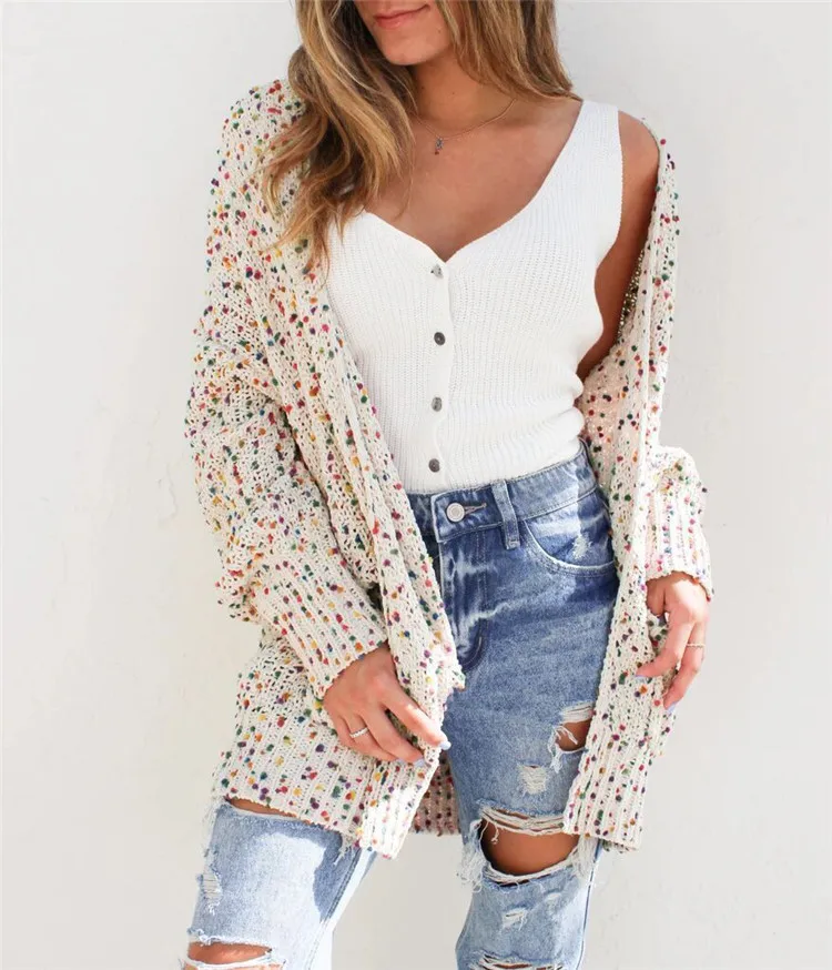 Женский кардиган средней длины, повседневный Свободный кардиган в горошек с длинным рукавом, зимний, оптом